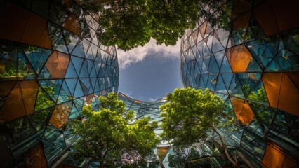 Futuristic Architectural Marvel: Urban Building with Glass Facade and Green Trees Creating Harmonious Eco-Friendly Environment
