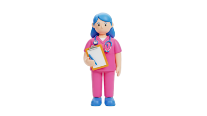 3D Cartoon Nurse with Stethoscope and Clipboard