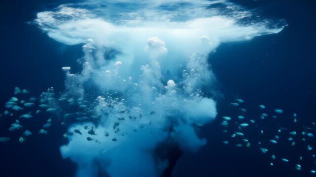 Sperm Whale Diving Deep Into the Ocean Among School of Fishes