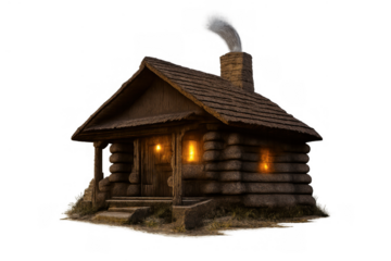 Rustic log cabin with glowing windows and smoke rising from chimney on a transparent background
