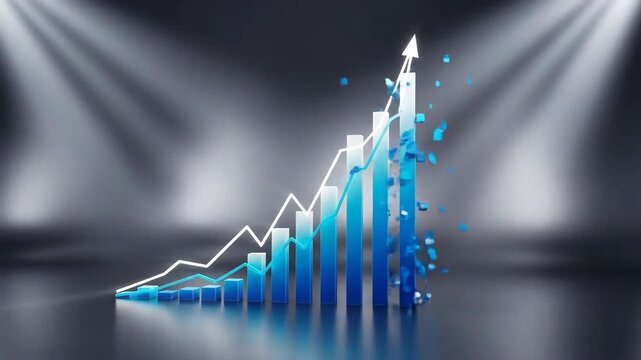 Blue financial graph shows growth and success with upward trending line.