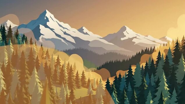 Serene Mountain Landscape with Evergreen Forest Illustration.