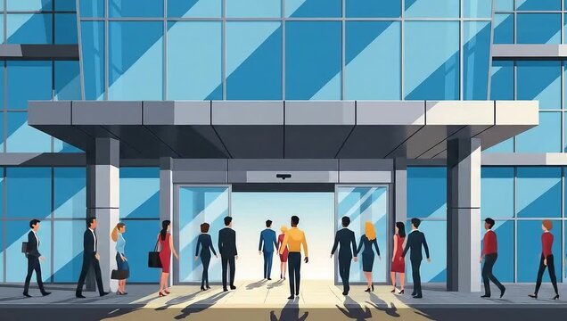 Business People Entering Modern Office Building Illustration.