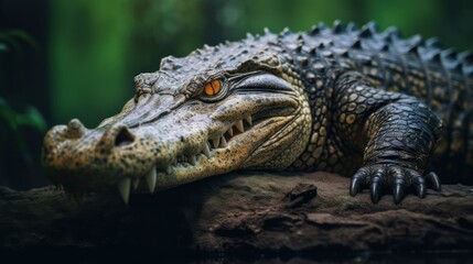 Obraz premium Close-up of a fearsome caiman resting on a log, showcasing its textured skin and sharp teeth.
