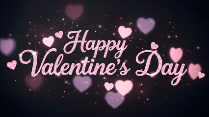 Happy Valentine's Day Greeting with Pink Glitter Typography and Sparkling Hearts on Dark Background