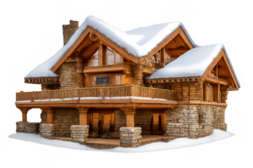 Cozy snowy alpine chalet with rustic log cabin architecture, offering comfort and peace in a mountain winter landscape