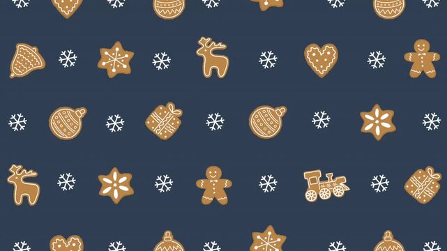 Gingerbread Cookies Animated on Dark Blue Background. Christmas Loop Animation. Christmas Cookies, Snowflakes. Deer, Train, Gingerbread Man, Gift Box, Heart, Star, Ornaments. Falling Spinning Cookies.