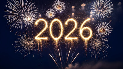 Happy new year 2026 celebration with spectacular fireworks display in the night sky