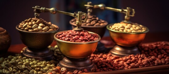 Fototapeta premium Assortment of Coffee Beans in Vintage Grinders Displayed Artistically.