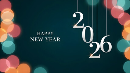 Happy new year 2026 greeting card design with hanging numbers and bokeh lights on dark background