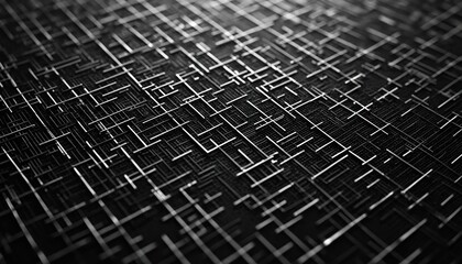 Abstract digital grid with intersecting silver lines on black background. Intricate geometric pattern suggests network or circuit board. Modern, clean, and sharp.