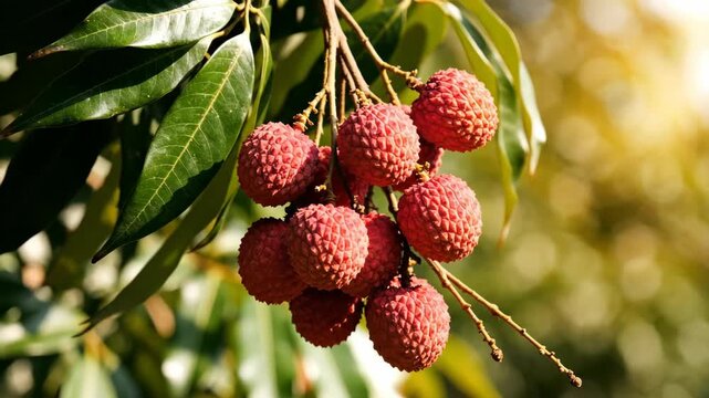 Red lychee fruits cluster with green leaves against an outoffocus bright background