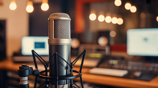 Professional condenser microphone ready for recording vocals and instruments in a modern sound studio setup