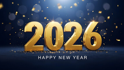 Golden 3d text 2026 happy new year celebration with falling confetti on dark blue bokeh background