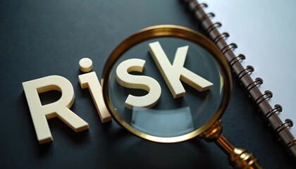 Magnifying glass examines word risk on notebook. Business analysis of financial uncertainty and potential loss. Planning strategy for crisis control and problem solving.