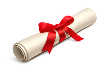Rolled diploma document tied with a red ribbon representing education, graduation, success, and achievement on transparent background