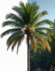 Fototapeta premium Tall palm tree with green leaves, textured brown trunk against a blurred jungle background. Isolated object with clipping path for easy design use.