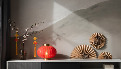 Elegant home decor with red lantern and wooden fans on modern console table