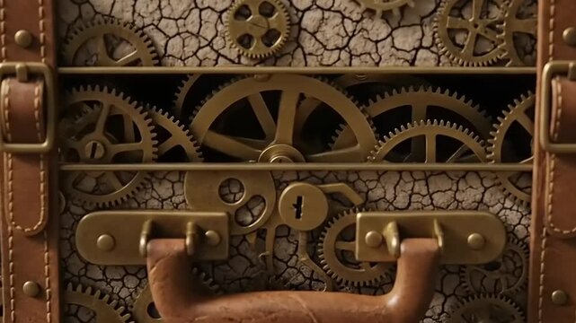 A vintage steampunk suitcase with gears and leather straps sits on a wooden surface indoors.