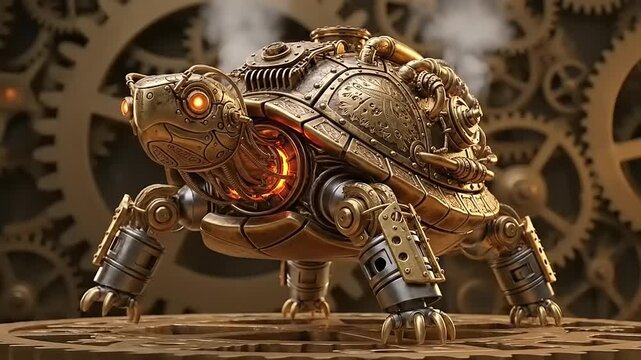 A steampunk-style illustration of a robotic turtle with glowing orange eyes stands on a gear-patterned surface.