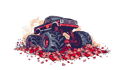 Vibrant Illustration of a Monster Truck Crushing Hearts on a Black Background, Symbolizing Powerful Love © ZeinLens