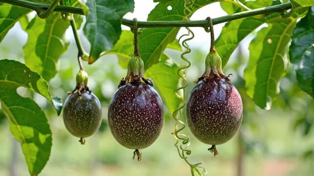 Three passion fruits dangle from a branch varying in ripeness and color amidst bright green leaves