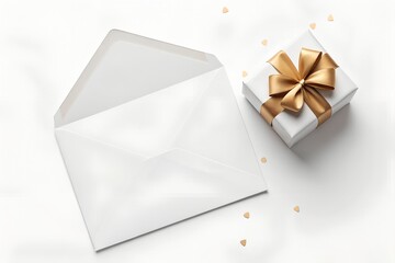 White gift box with golden ribbon placed next to an open envelope on a clean light background. Elegant festive composition for greetings, invitations, and celebrations.