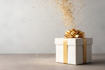 White gift box with golden ribbon and bow standing on a neutral background with falling gold confetti. Elegant festive concept for holidays, celebrations, and luxury promotions.
