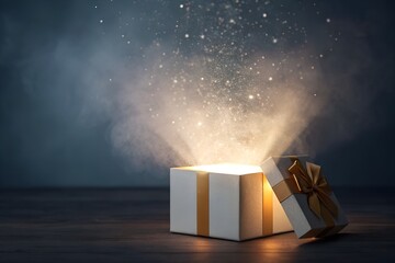 Open white gift box glowing with golden light and sparkling particles in a dark atmosphere. Magical surprise and festive concept with copy space.