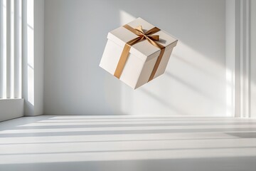 White gift box with golden ribbon floating in a bright minimalist interior with soft natural shadows and copy space.