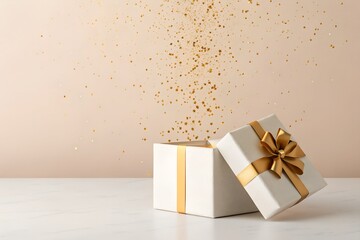 White gift box with golden ribbon, partially opened, with falling golden confetti on a soft beige background and copy space.