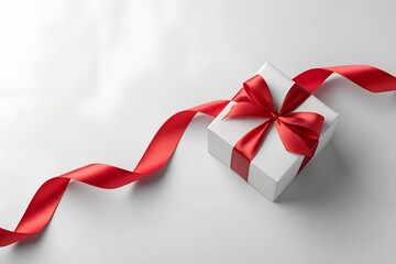 Minimal white gift box decorated with a flowing red satin ribbon on a light neutral background.