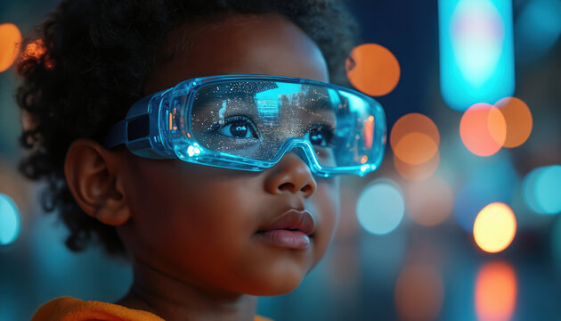 Young kid wears futuristic glasses exploring digital world. Child envisions virtual reality metaverse. Future technology for education and entertainment. Childhood innovation. - Powered by Adobe