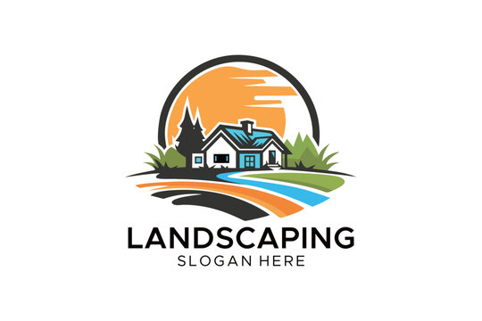 Modern Landscaping Logo Design with House and Garden Nature Elements for Real Estate and Backyard Service