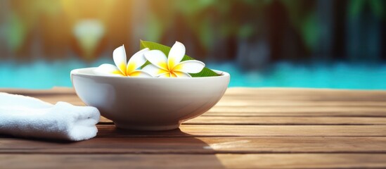 Serene spa setting with frangipani flowers in a bowl and a rolled towel by a pool.