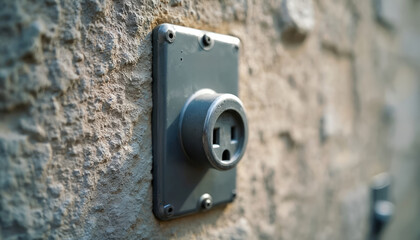 Exterior gray electrical outlet mounted on rough stone wall surface. Close up shows vintage design and connection point detail. Power source detail for building infrastructure.