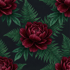Dark Moody Red Peony Flower Illustration on Black Background
