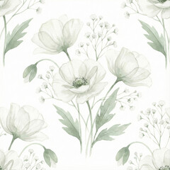 elicate White Poppy Watercolor Seamless Pattern for Wedding Decor