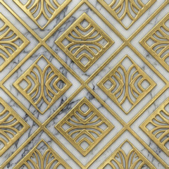 Gold Art Deco Lattice on White Marble Seamless Pattern