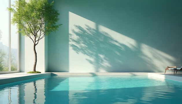Indoor swimming pool with bright turquoise water. A green tree stands near a large window letting in sunlight. Shadows from leaves dance on the wall creating a peaceful, serene atmosphere.