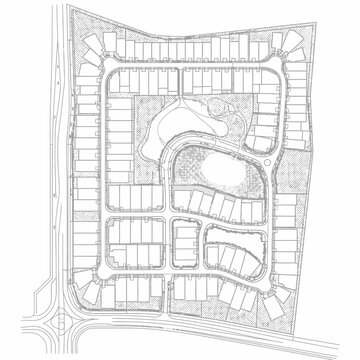 Aerial View of Residential Subdivision Plan with Streets and Homes.