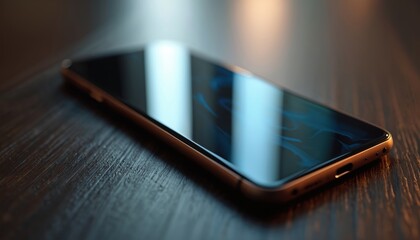 Smartphone rests on dark wood surface. Its black screen reflects soft blue light. This modern device is a communication tool for daily life.