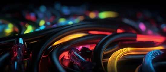 Abstract digital art of colorful glowing cables and wires with vibrant illumination.