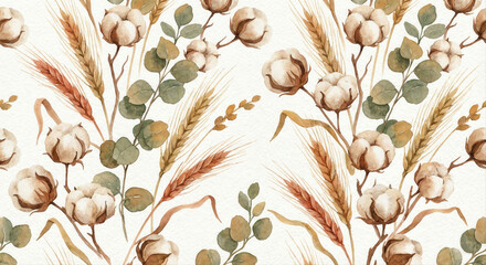 Watercolor Cotton and Wheat Seamless Pattern for Rustic Boho Design