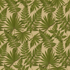 Vintage Green Fern Leaves on Kraft Paper Seamless Pattern