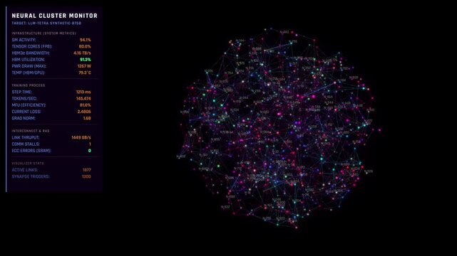 Neural cluster monitor graphic with glowing node network telemetry metrics model training data and dark interface panels on black background