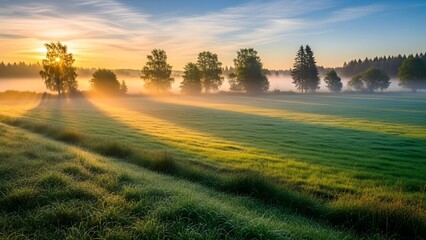 Serene sunrise over green landscape with trees and misty morning dew