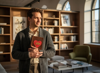 Thoughtful Individual in Modern Library – Man with a Book in a Stylish Environment, Perfect for Articles on Education, Literature and Lifestyle