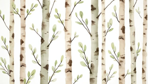 Watercolor birch trees with light green leaves create a natural pattern on white. Simple elegant forest theme suitable for fabric or wallpaper design.