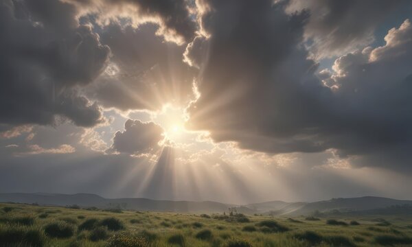 Rays of sunshine peek through thin grey clouds, casting a warm glow on the serene landscape ,  landscape,  atmospheric conditions,  light beam